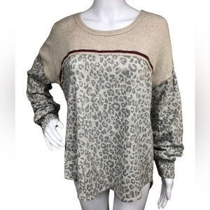 Knox Rose Long Sleeve Mixed Pattern Top Tan Grey Leopard Soft Size Large EUC
